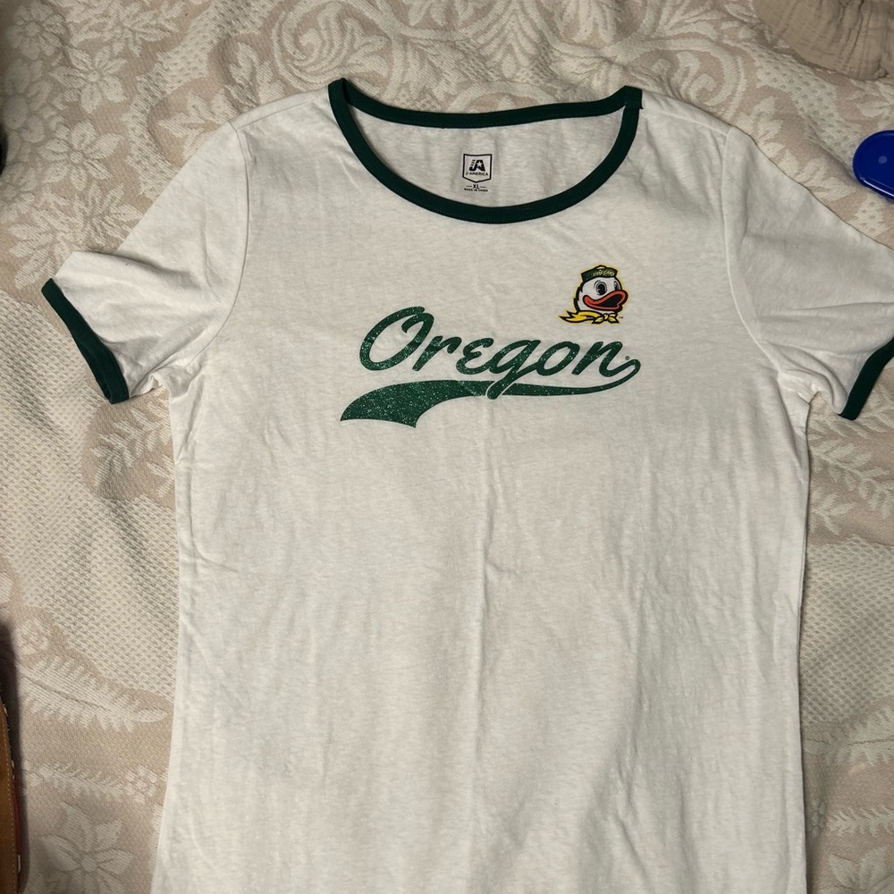 J. America White and Green Oregon Tee